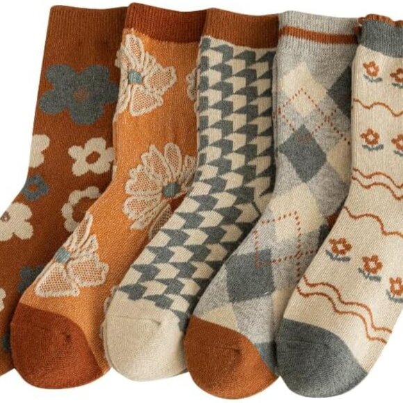 5/10 Pairs Wool Socks for Women Thick Knit Vintage Cute Floral Crew Socks - Picture 2 of 8